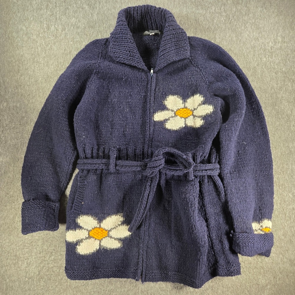 Norskwear Sweater Cardigan Womens Small Navy Blue Daisy Wool Zip‎ Belted